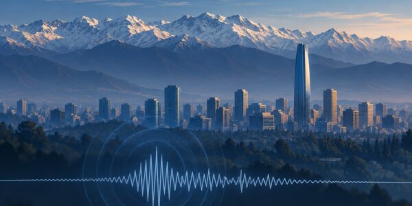 Ilustración editorial de Santiago y la cordillera con una onda sísmica, por el temblor cerca de Farellones