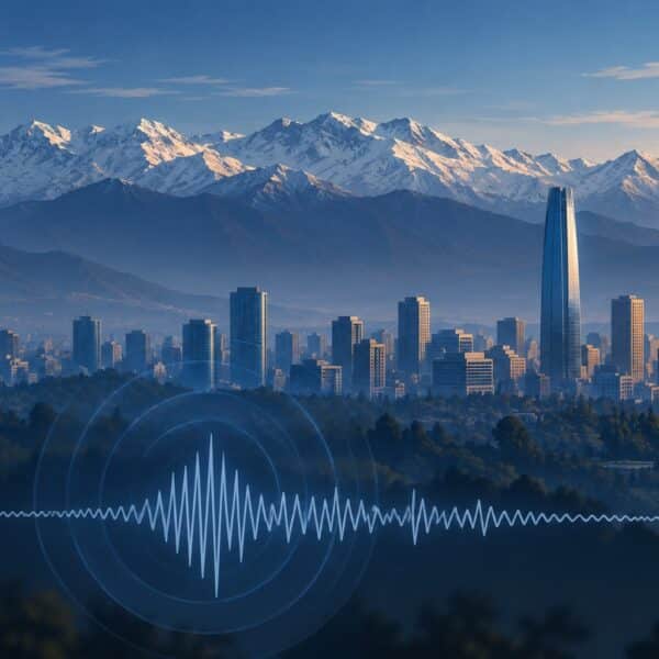 Ilustración editorial de Santiago y la cordillera con una onda sísmica, por el temblor cerca de Farellones