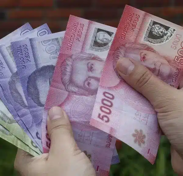 Dos manos sostienen varios billetes chilenos de distintos colores y denominaciones, con billetes de 5000 pesos visibles al frente.