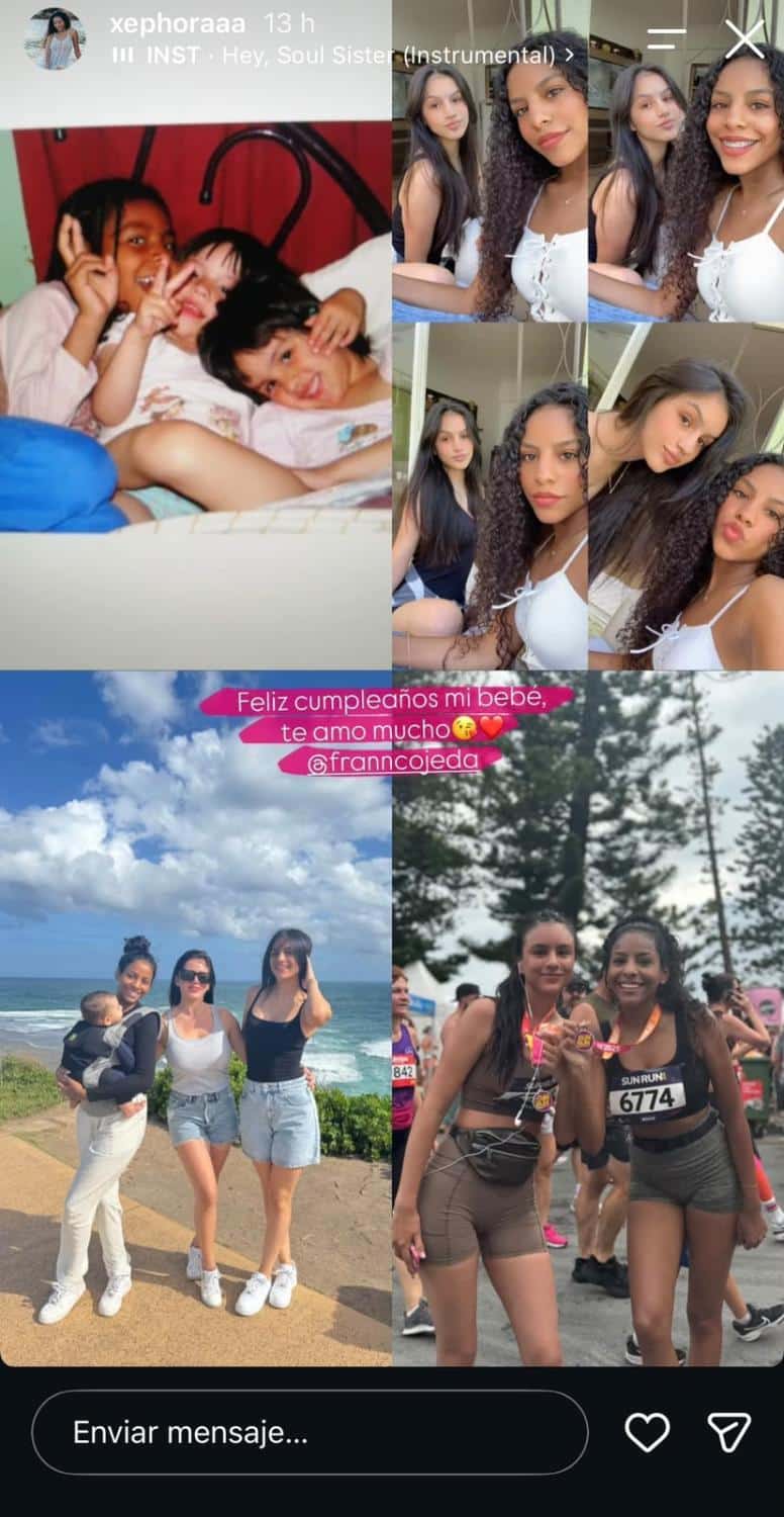 Captura de una historia en redes sociales con varias fotos: una imagen de infancia, selfies y retratos de mujeres juntas al aire libre, incluida una con un número de carrera.