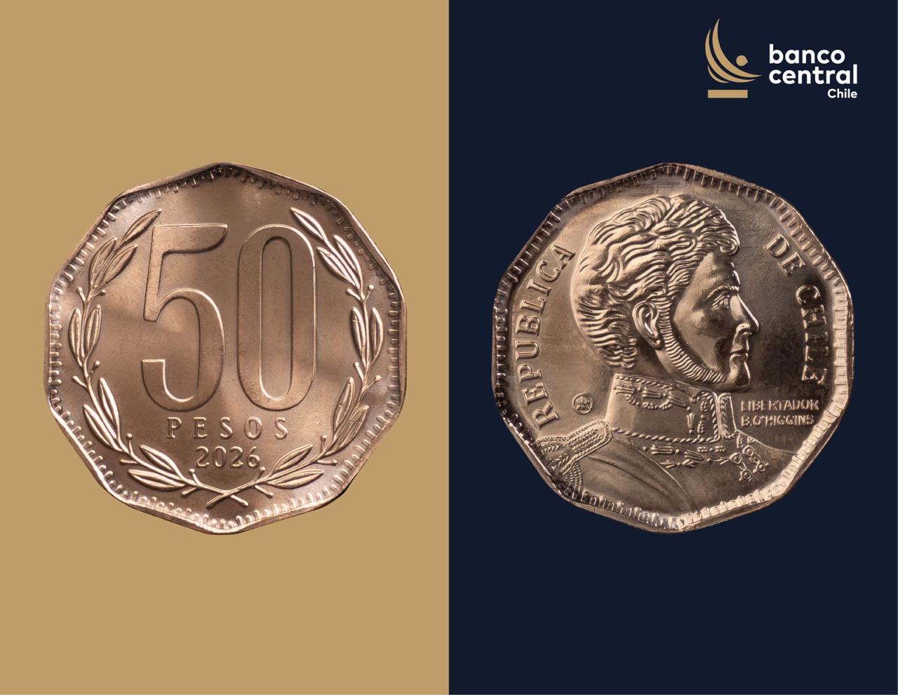 Comparación de la moneda actual de $50 con la nueva versión de 6,5 gramos que comenzará a circular en Chile.
