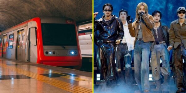 La imagen muestra un tren del Metro detenido en una estación y, al lado, a un grupo de músicos sobre un escenario iluminado.