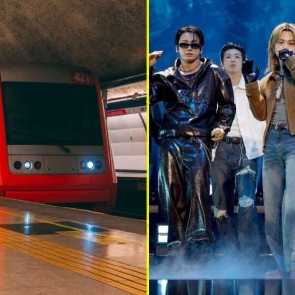 La imagen muestra un tren del Metro detenido en una estación y, al lado, a un grupo de músicos sobre un escenario iluminado.