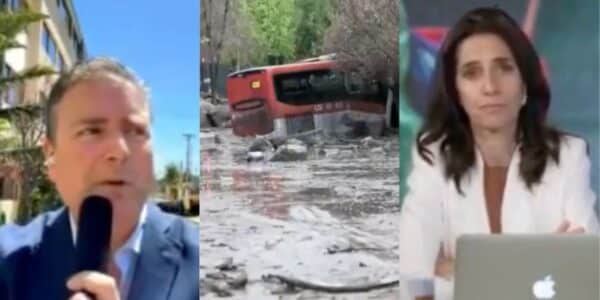 Christian Pino durante su despacho en vivo para la televisión argentina por el aluvión en Las Condes