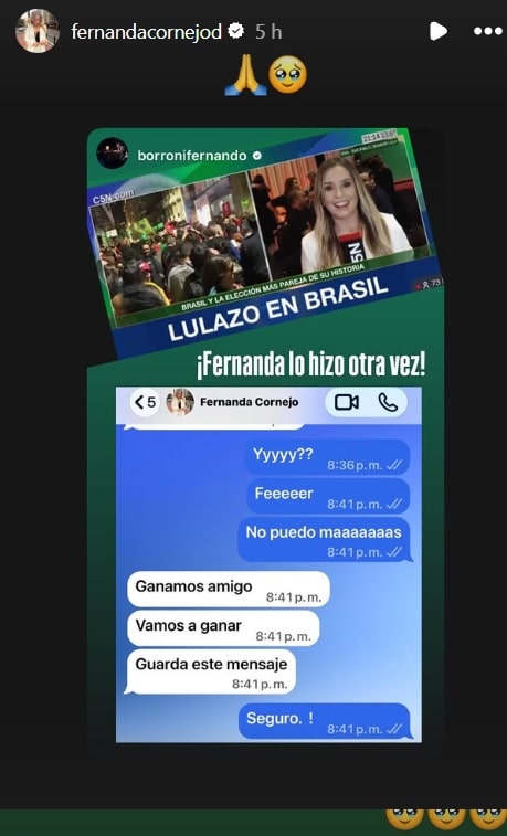 Captura de una historia de Instagram con emojis, un collage de imágenes, textos superpuestos y una conversación en una interfaz similar a WhatsApp.