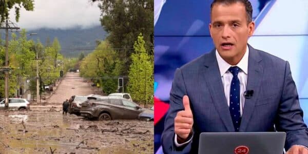 Iván Núñez durante la cobertura de 24 Horas sobre el aluvión en Las Condes y las posibles causas de la emergencia.