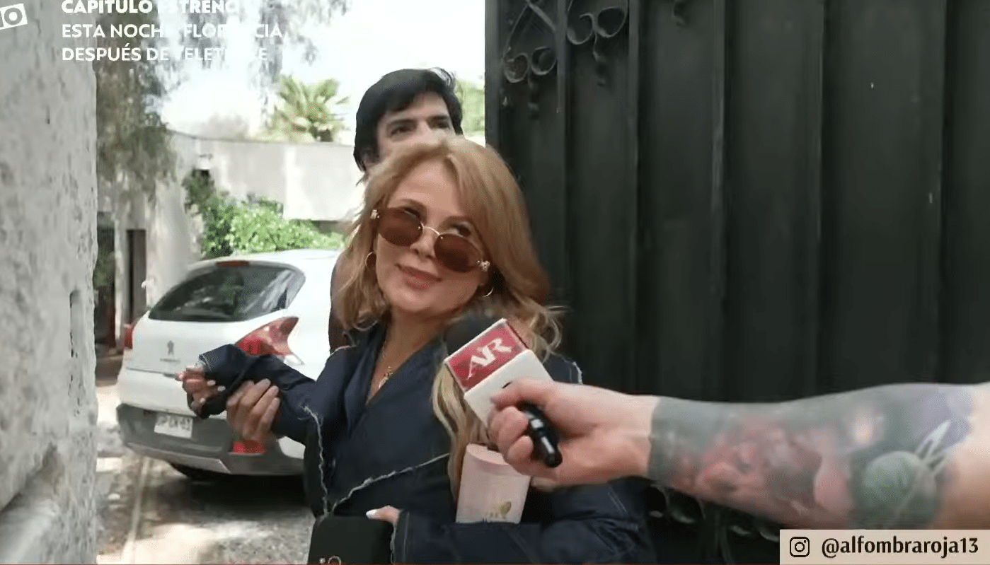 Una mujer con lentes oscuros sostiene un teléfono mientras un micrófono se acerca desde la derecha. Detrás de ella hay un hombre, un portón metálico y un automóvil.