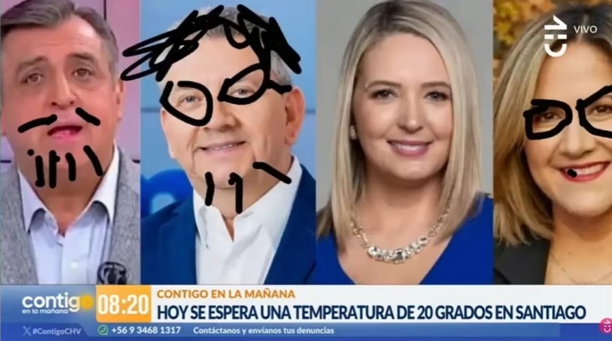 La pantalla muestra cuatro retratos en paneles; hay garabatos negros sobre tres rostros. En la franja inferior, un aviso señala una temperatura de 20 grados en Santiago.