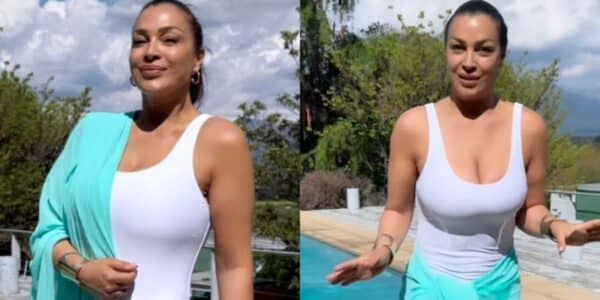 Marlen Olivari posando junto a una piscina en Pirque tras promocionar una casa en venta en su faceta de corredora de propiedades