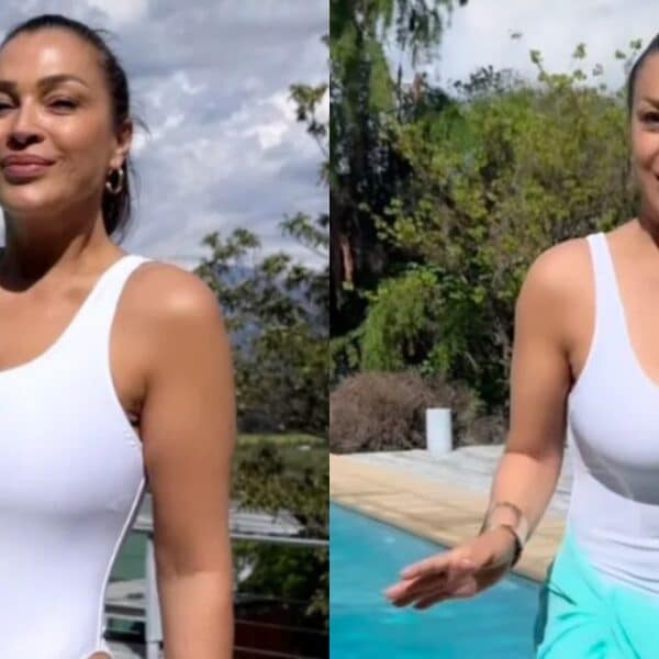 Marlen Olivari posando junto a una piscina en Pirque tras promocionar una casa en venta en su faceta de corredora de propiedades