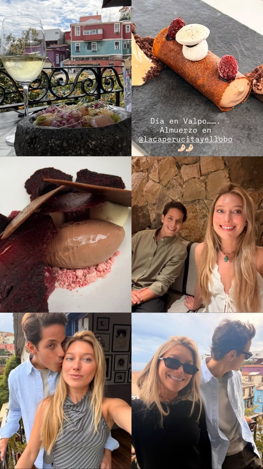 Captura de las historias de Instagram de Máximo Menem en el restaurante La Caperucita y el Lobo de Valparaíso, donde aparece junto a una joven no identificada, ambos con lentes de sol y sonriendo.