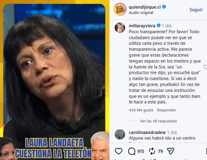Captura de una publicación en redes sociales. A la izquierda, una mujer aparece hablando en pantalla junto a un retrato pequeño y texto superpuesto; a la derecha se ve un post con comentarios.