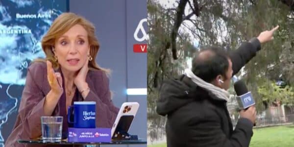 Roberto Saa durante un despacho de Mucho Gusto desde Providencia en medio de las lluvias que afectaron a Santiago.