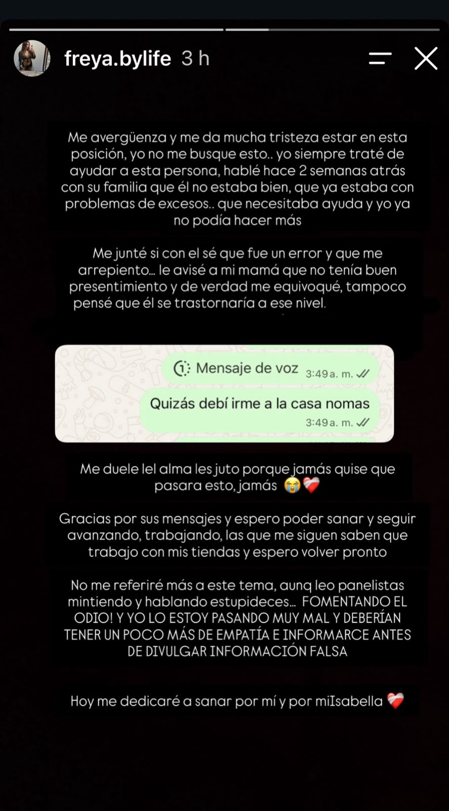 Captura de una historia de Instagram con varios párrafos sobre una relación, disculpas y el deseo de sanar; al centro aparece una burbuja de chat verde.