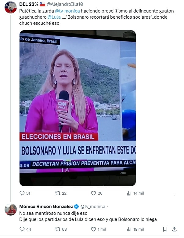 Pantalla de una publicación en redes sociales con una mujer de chaqueta fucsia sosteniendo un micrófono durante una transmisión al aire libre, frente a un cerro y un cuerpo de agua. En pantalla aparecen gráficas sobre la