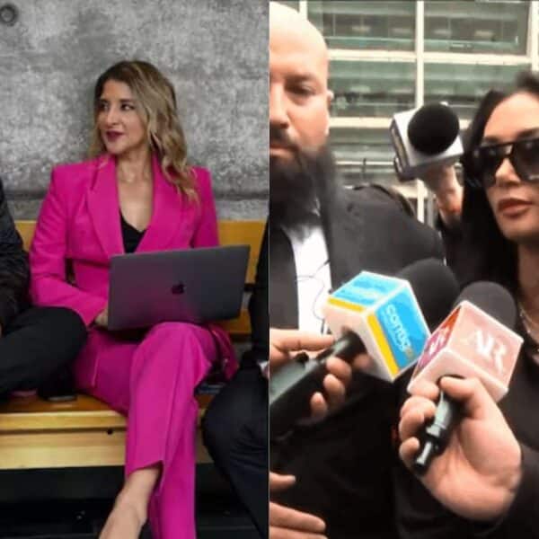 Pamela Díaz en las afueras del Centro de Justicia tras la audiencia por su querella contra Sergio Rojas.