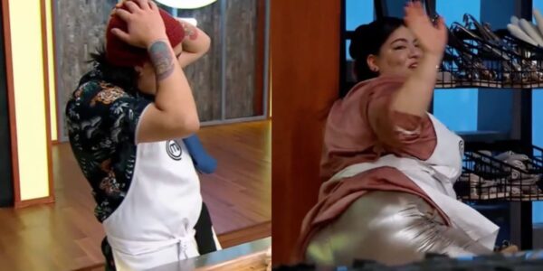 La participante Regina tras sufrir una fuerte caída en las cocinas de MasterChef Chile ante la mirada de la chef Fernanda Fuentes