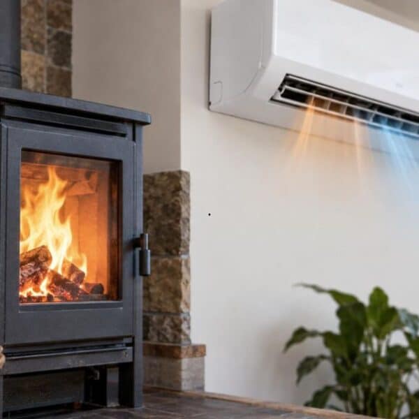 Estufa a pellet moderna instalada en el living de una vivienda, en el contexto del programa Recambio de Calefactores del Ministerio del Medio Ambiente, con postulaciones abiertas en el centro y sur de Chile.