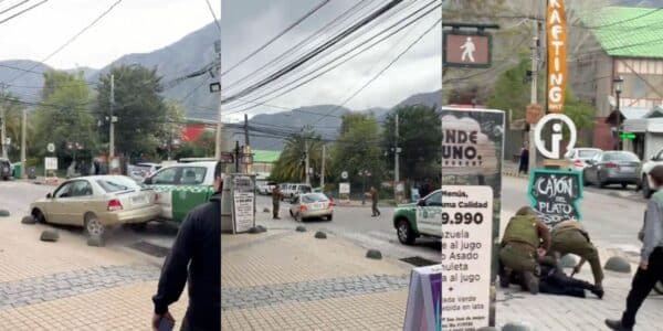 Vehículos de Carabineros junto a un auto detenido en el centro de San José de Maipo, tras la fallida fuga de un conductor que evadió un control policial.
