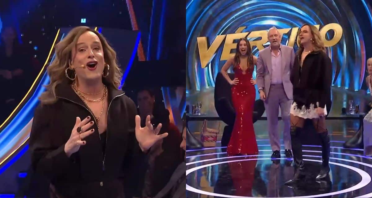 Stefan Kramer caracterizado como Diana Bolocco durante el estreno de Vértigo junto a Tita Ureta y Martín Cárcamo.