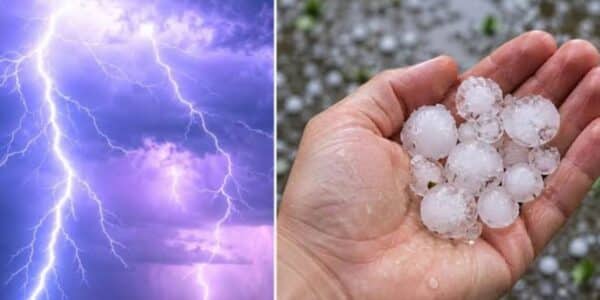 Cielo nublado con relámpagos sobre el valle central de Chile, en el contexto del aviso por tormentas eléctricas con probabilidad de granizo y fuerte viento emitido por la Dirección Meteorológica de Chile.