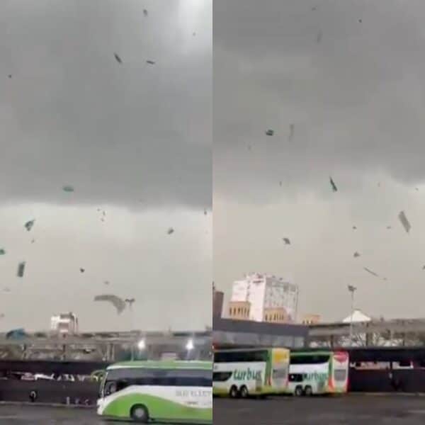 El Terminal Sur de Estación Central durante la tarde de este martes, cuando las fuertes ráfagas de viento provocaron una emergencia por estructuras sueltas y objetos desplazados